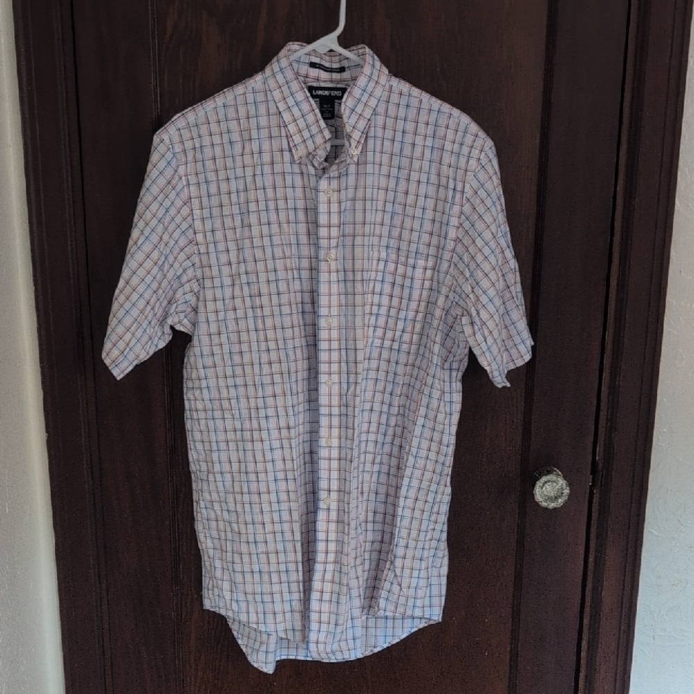 Lands' End No Iron Supima Pinpoint Traditional Fit Mens Short Sleeve Plaid Top